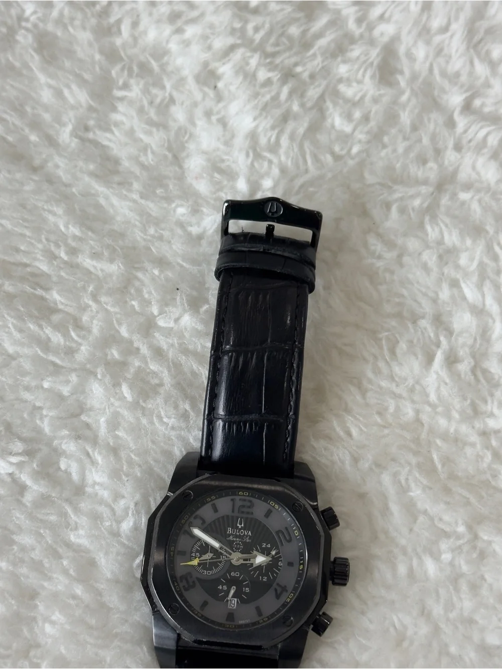 Bulova Black Marine Star Dial Black Leather Strap Chronograph Watch